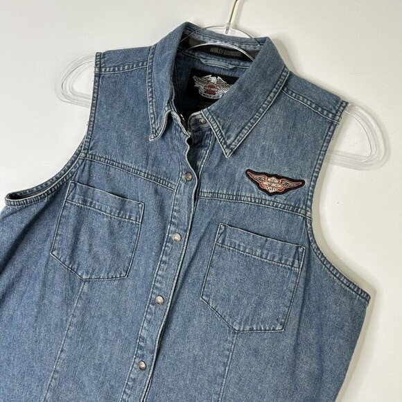 Harley Davidson Denim Jean Vest Womens Size Large Logo Buttons Biker Cut - Picture 7 of 13